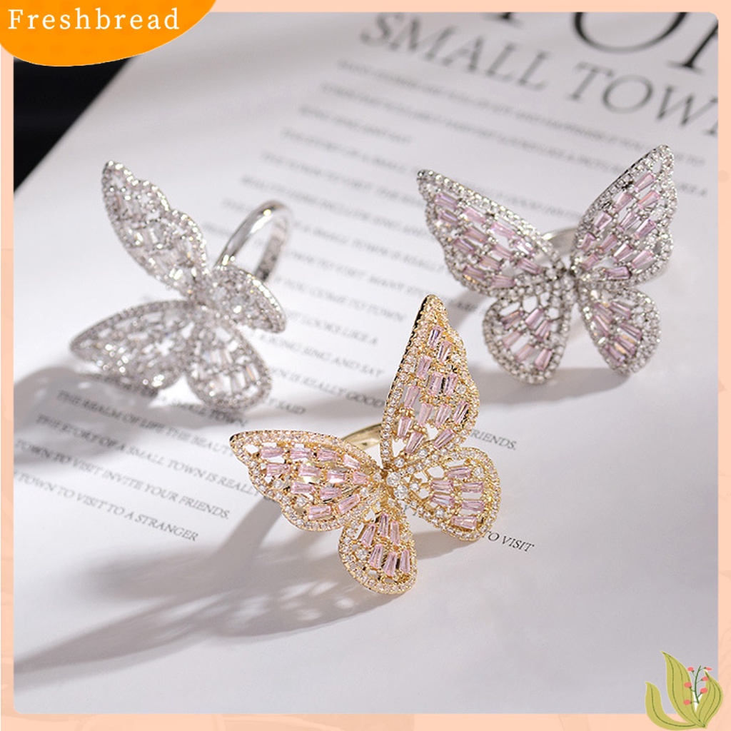 &lt; Freshbread &gt; Fashion Wanita Berongga Kupu-Kupu Berlian Imitasi Pembukaan Jari Cincin Pesta Perhiasan Hadiah