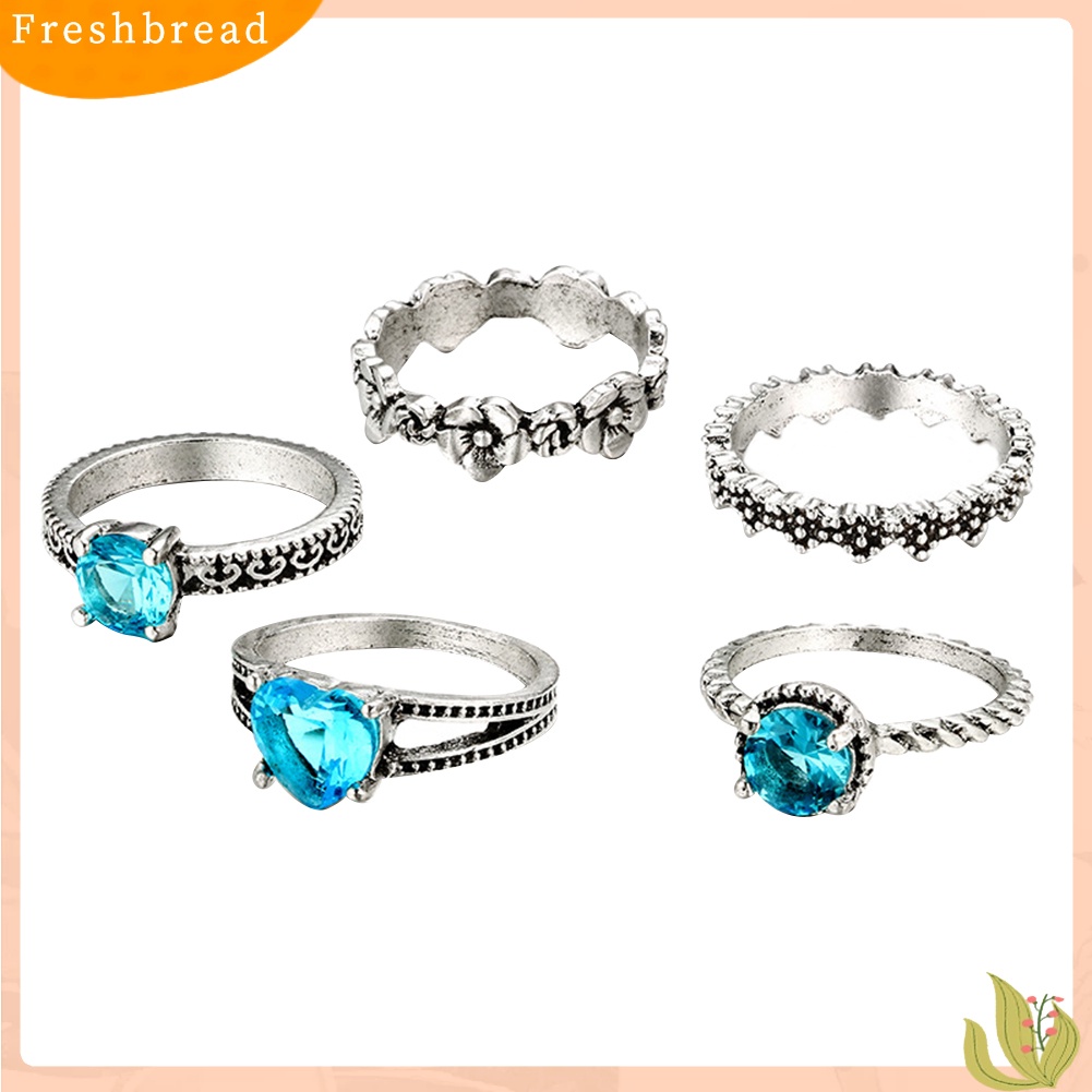 &lt; Freshbread &gt; 5Pcs/Set Retro Boho Berongga Bunga Hati Biru Berlian Imitasi Wanita Jari Rings