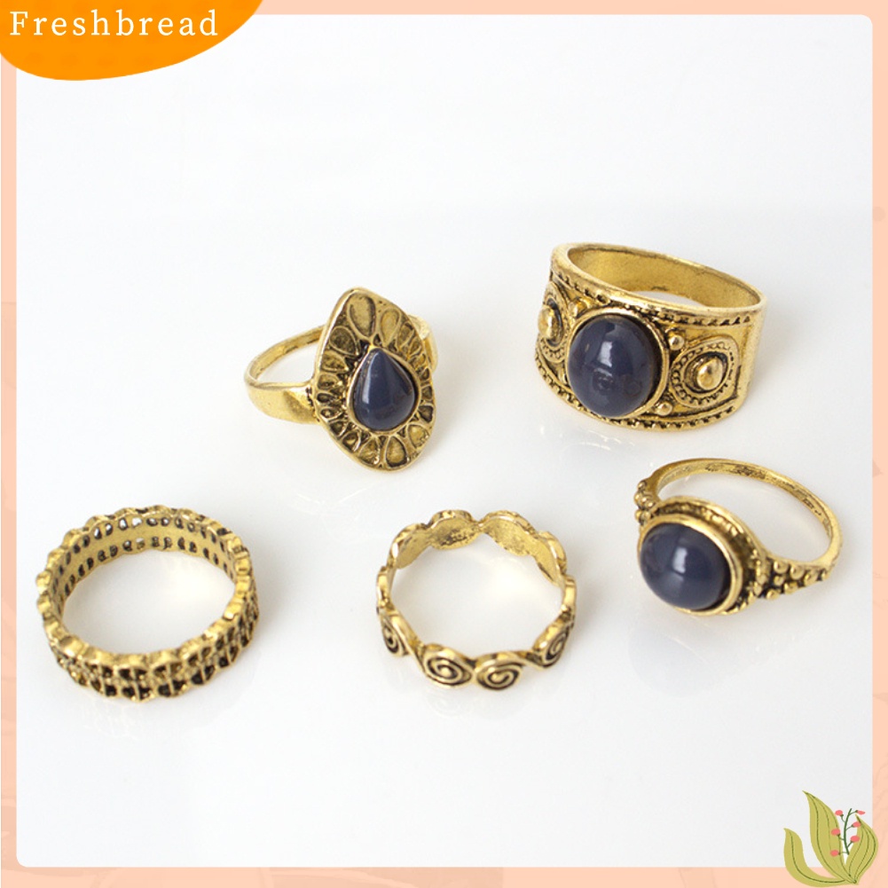 &lt; Freshbread &gt; 5Pcs/Set Bohemian Vintage Batu Biru Alloy Jari Cincin Wanita Menawan Perhiasan