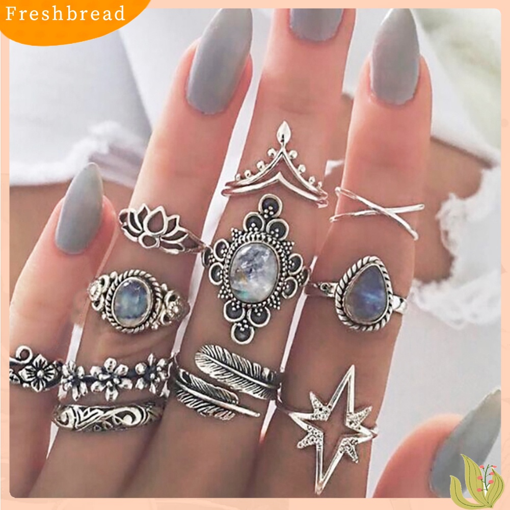 &lt; Freshbread &gt; 11 Pcs Wanita Retro Berongga Berlian Imitasi Knuckle Midi Ujung Jari Susun Cincin Bersama