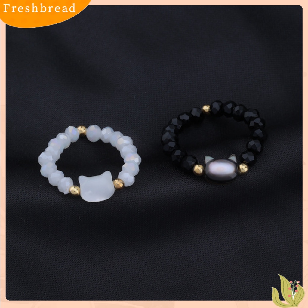 &lt; Freshbread &gt; Couple Cincin Manik-Manik Kucing Lucu Melar Adjustable Tidak Luntur Hias Hadiah Hitam Putih Imitasi Kristal Jari Cincin Perhiasan Aksesoris Fashion