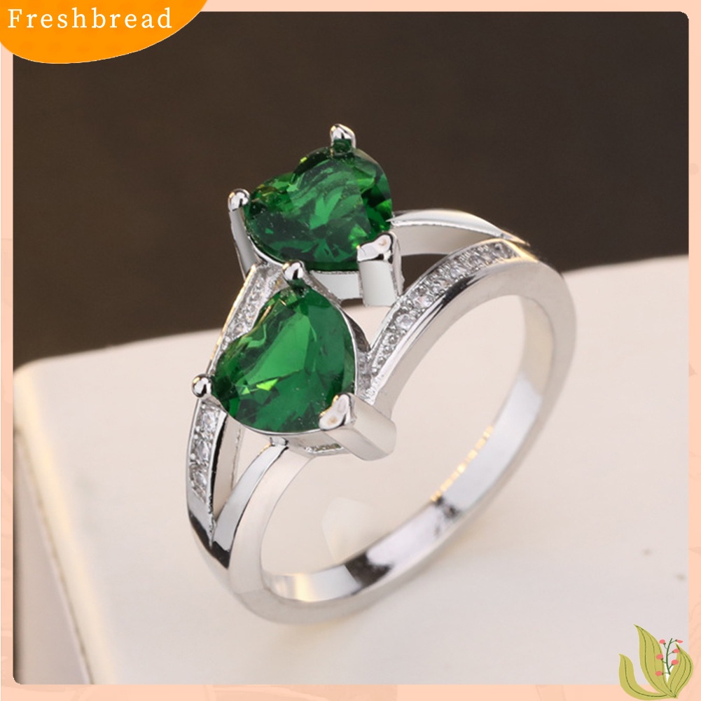 &lt; Freshbread &gt; Wanita Fashion Ganda Bentuk Hati Cubic Zirconia Hias Jari Cincin Perhiasan Hadiah