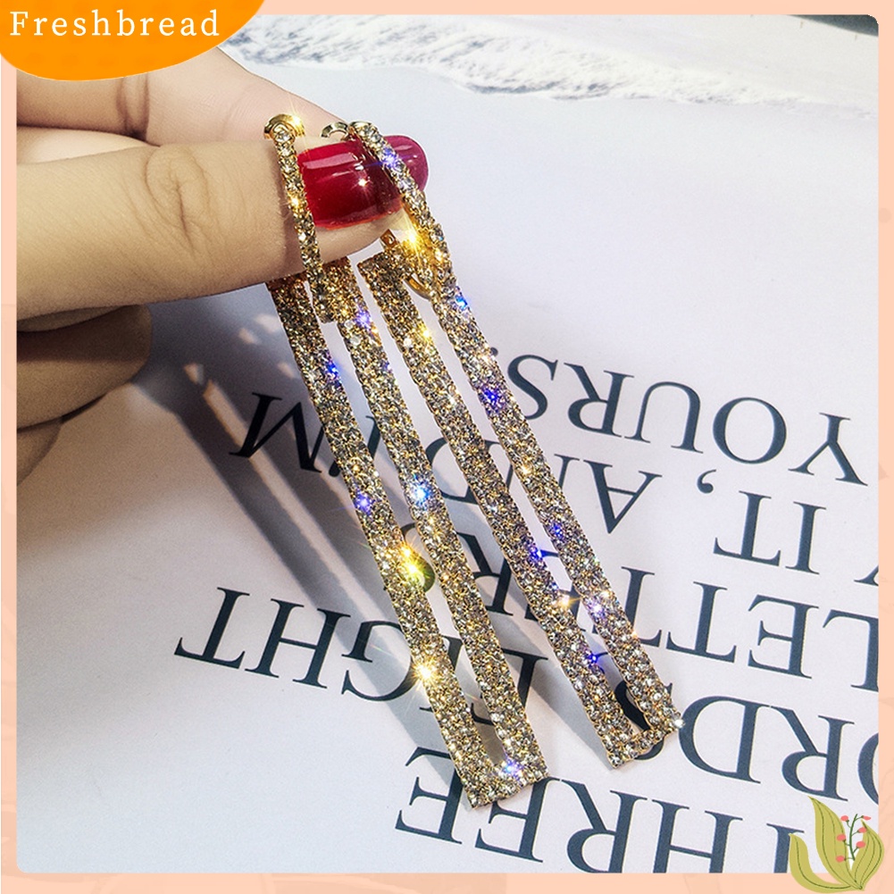 < Freshbread > Wanita Berlian Imitasi Hias Berongga Persegi Panjang Panjang Geometris Menjuntai Anting Perhiasan