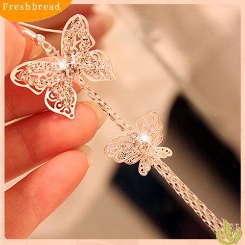 &lt; Freshbread &gt; Wanita Lapisan Ganda Kupu-Kupu Rumbai Panjang Berlian Imitasi Kait Anting Linear
