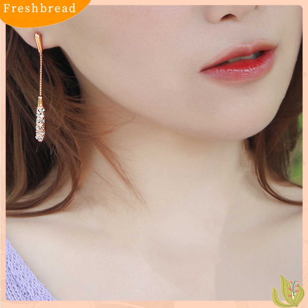 &lt; Freshbread &gt; 1pasang Anting Wanita Panjang Berlian Imitasi Mengkilap Hias Bentuk Kolom Rantai Drop Earrings Hadiah Ulang Tahun