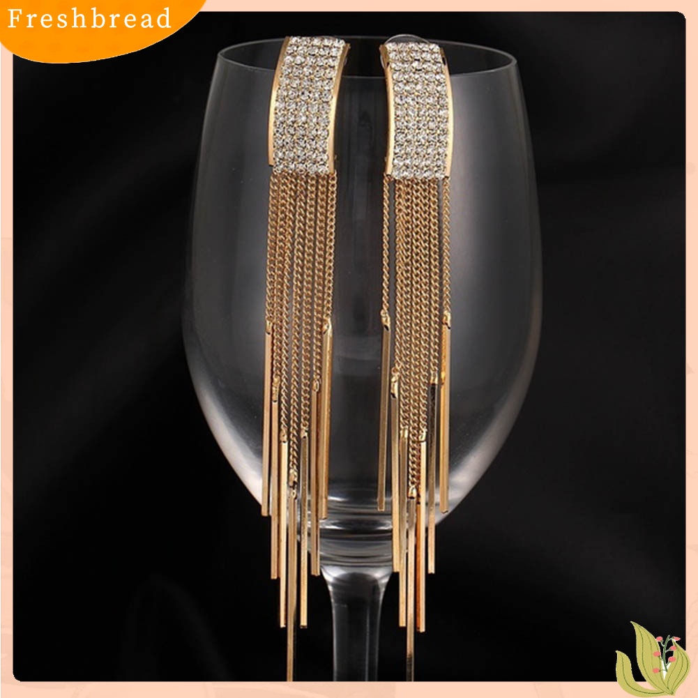 &lt; Freshbread &gt; Wanita Fashion Berlian Imitasi Rumbai Panjang Menjuntai Eardrop Stud Earrings Perhiasan Hadiah