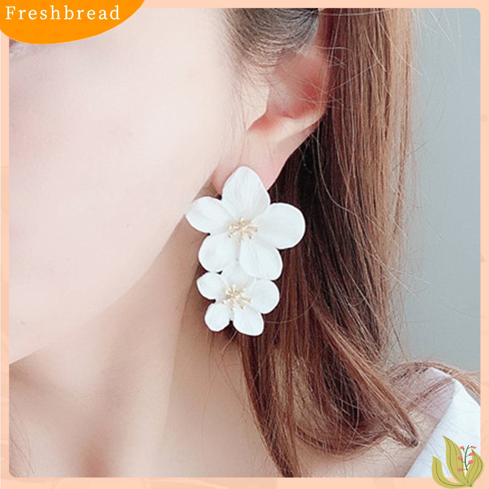 &lt; Freshbread &gt; Wanita Manis Warna Solid Dual Bunga Panjang Menjuntai Stud Earrings Perhiasan Pesta