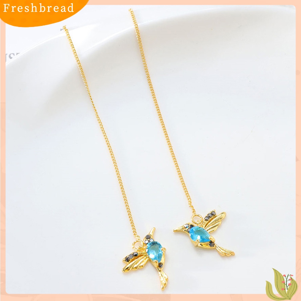 &lt; Freshbread &gt; Wanita Desain Hummingbird Berlian Imitasi Dekorasi Ear Stud Panjang Rumbai Menjuntai Anting