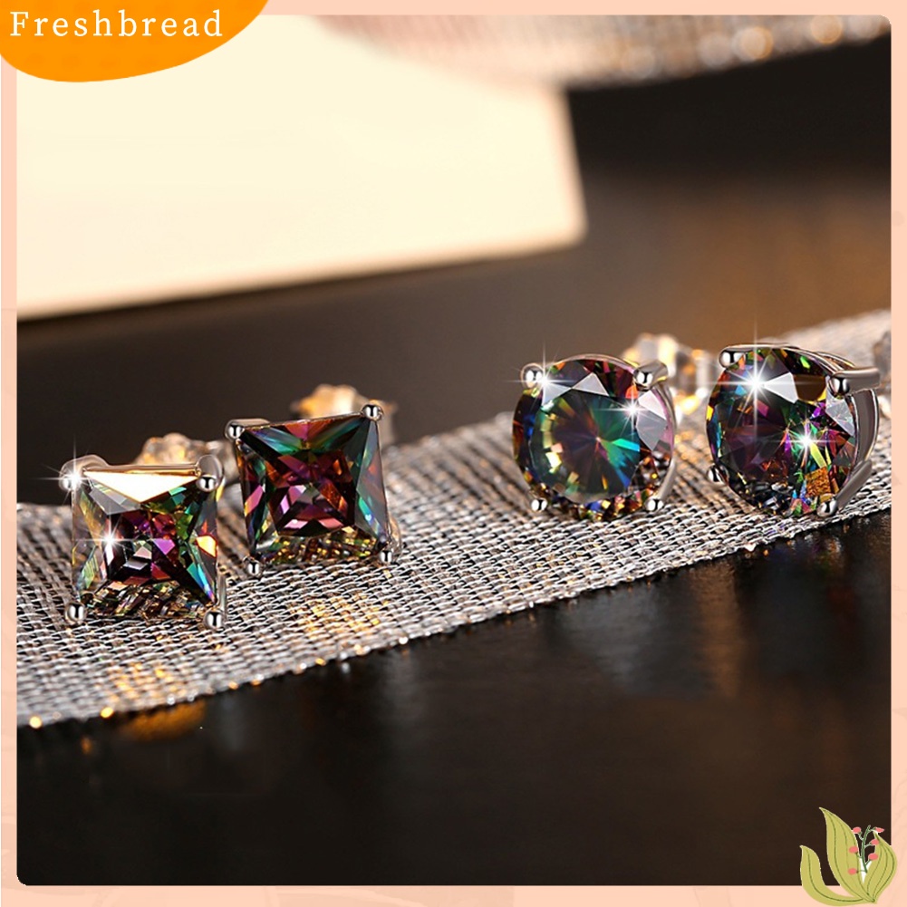 &lt; Freshbread &gt; Klasik Pria Wanita Bulat Kotak Warna-Warni Hias Berlian Imitasi Stud Earrings Jewelry