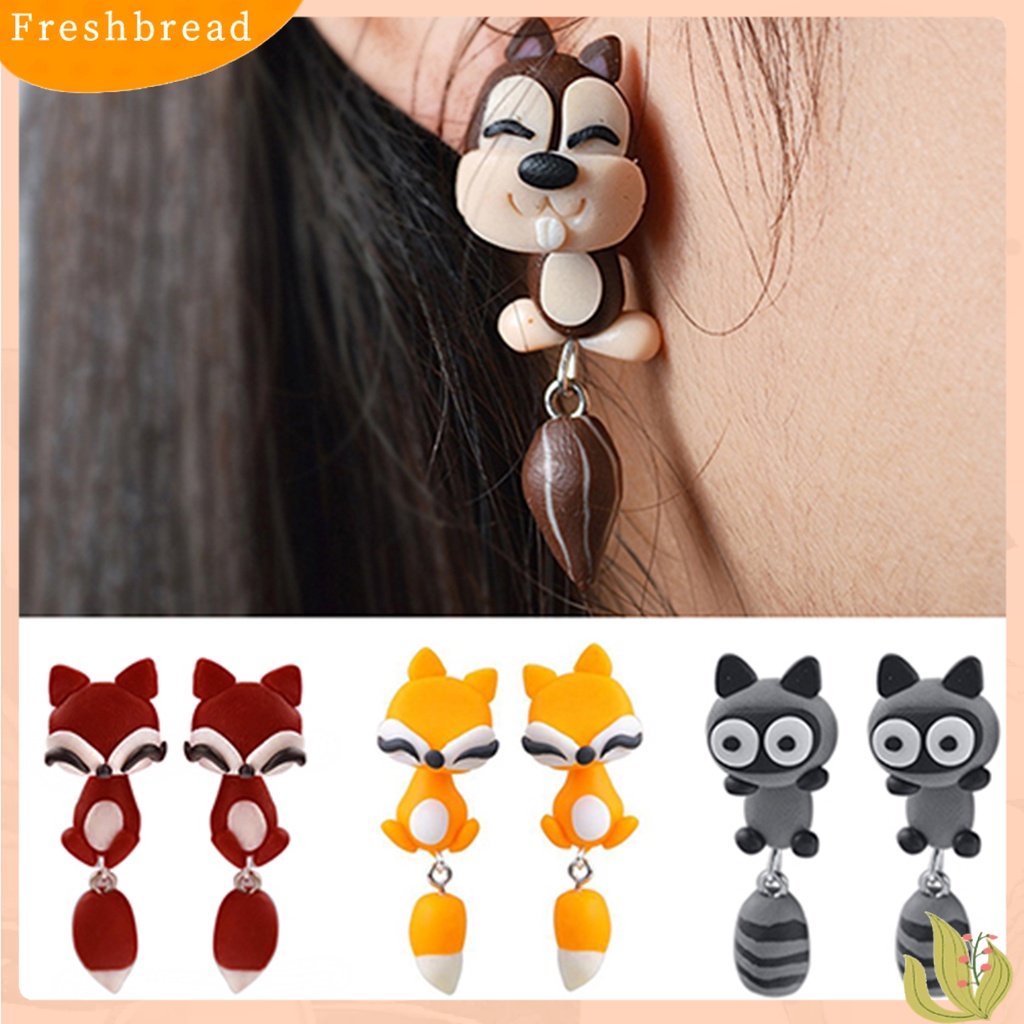 &lt; Freshbread &gt; Anting Tusuk Bentuk Kartun Hewan Polymer Clay Handmade Ear Studs Untuk Pesta