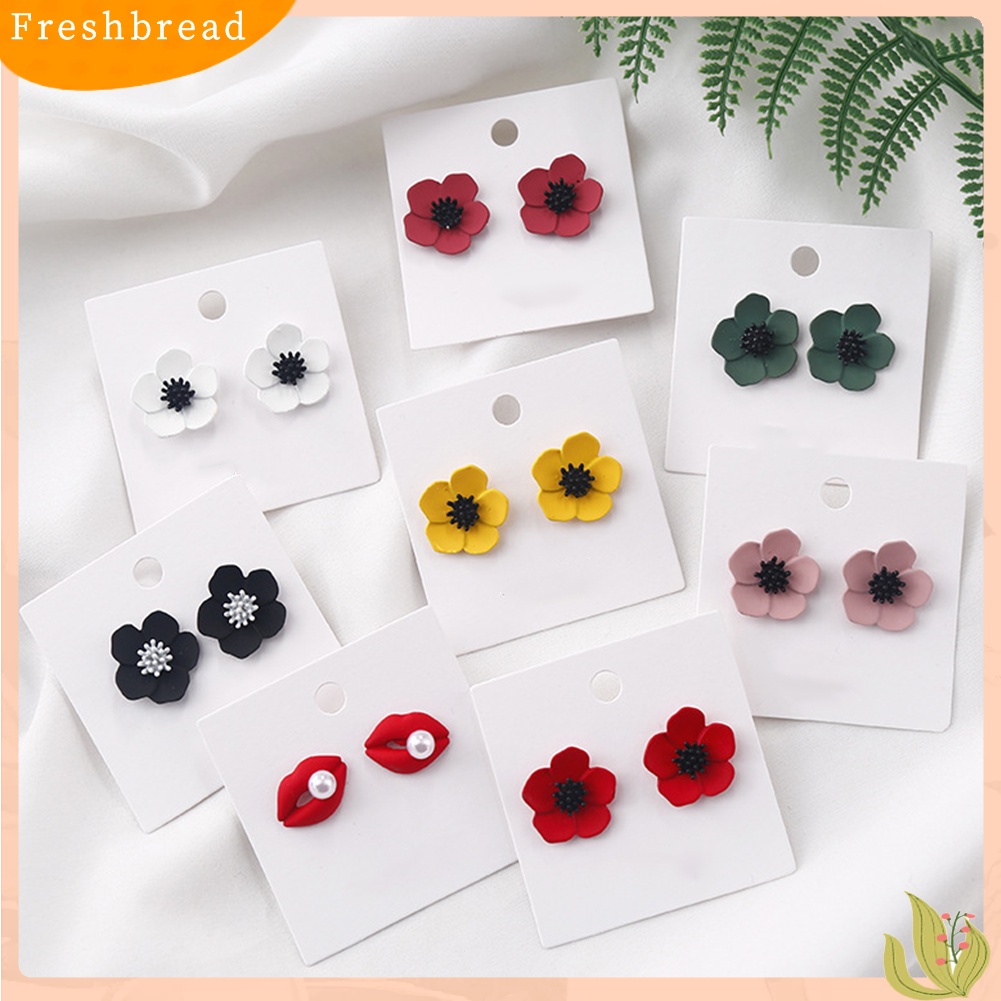 &lt; Freshbread &gt; Wanita Fashion Lukisan Bunga Mutiara Imitasi Bibir Merah Stud Earrings Perhiasan Hadiah