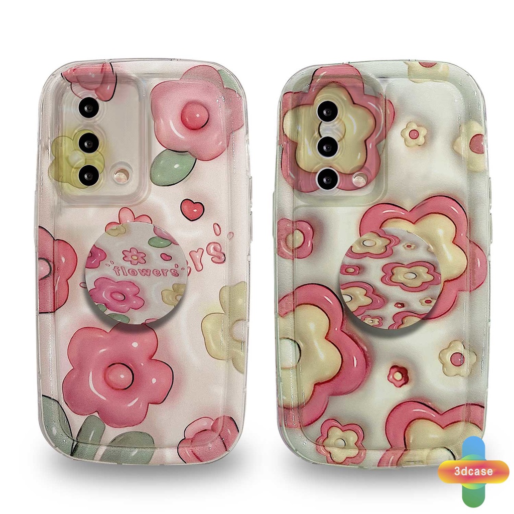 Case OPPO A5S A57 A3S A76 A96 A16 A17 A17K A95 A55 A15 A54 A7 A5 A9 A31 A53 A33 2020 A77S A12 A12S A1K A16E A16K A54S Reno 7 7Z 8Z 5 4 6 8 5F 5K 4F 4 5 06 Lite A74 A15S A52 A11K A92 A35 A36 A11 A93 Ins Pink Flowers Shockproof Full Soap Cover With Stand