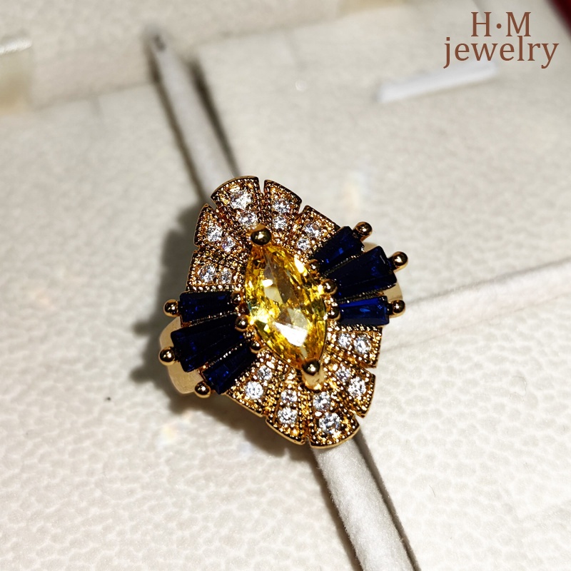 S925 Perak Vintage Bentuk Mata Kuda Kuning AAA Zircon Ring