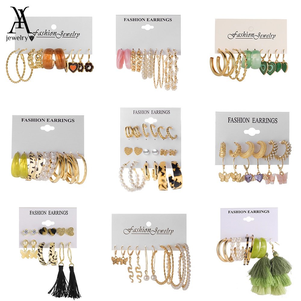 AY(CN) Fashion Heart Butterfly Pearl Hoop Earring Set Personalized Tassel Drop Earrings for Women Accessories Jewelry