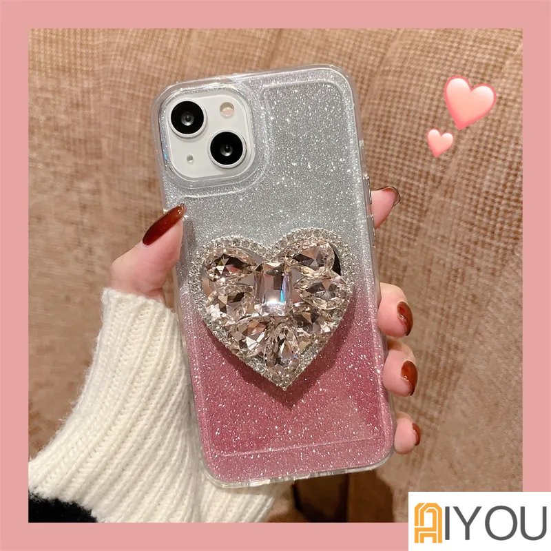 IPHONE Glitter Berlian Love Pink Stand Panas Transparan Casing Ponsel Untuk Iphone14 Pro13 12 11 Pro Max XS X XR 78 Plus Kristal Shiny Back Cover