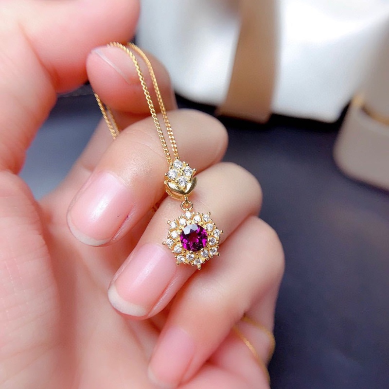 Goldkingdom Fashion Perhiasan Aksesoris Ready Stock Delima Merah Cincin Liontin Telinga Stud Set Berlapis Emas Api Warna Meledak Berkilau Amethyst Kalung