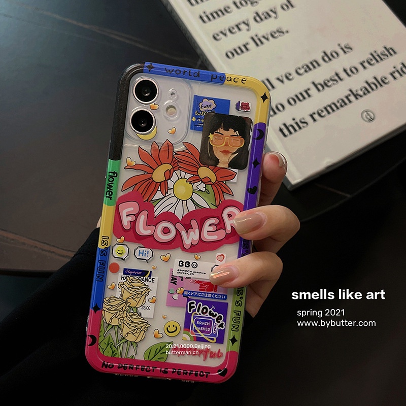 IPHONE Ins Vintage Doodle Transparan Lembut TPU Ponsel Case Cover Untuk Iphone7 8 PLUS X XR XS 11 12 13 MINI PRO MAX SE 2020