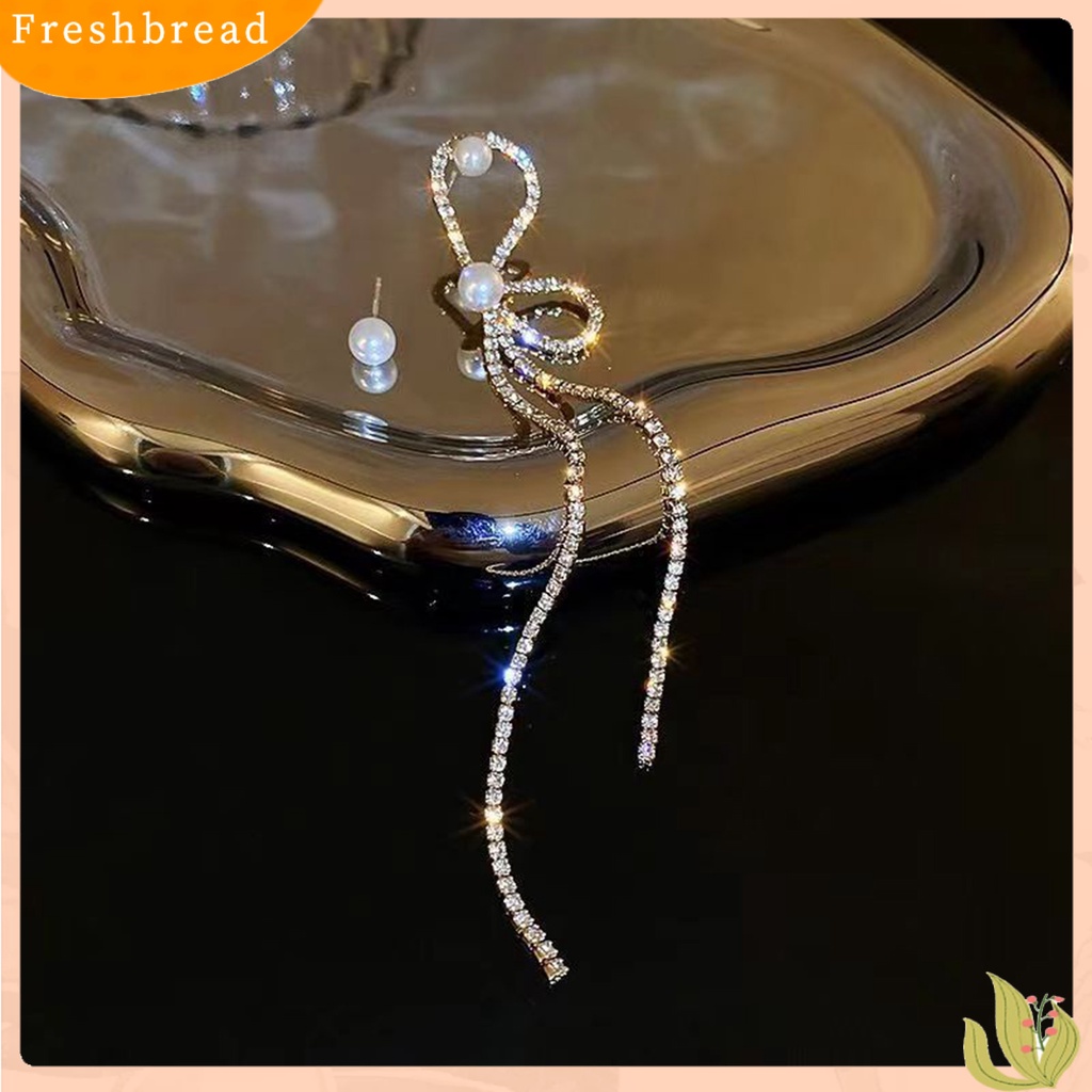 {In Stock} 1pasang Anting Rumbai Asimetri Busur Mutiara Imitasi Berlian Imitasi Bersinar Dekorasi Tahan Luntur Panjang Rumbai Menjuntai Anting Gantung Aksesoris Perhiasan