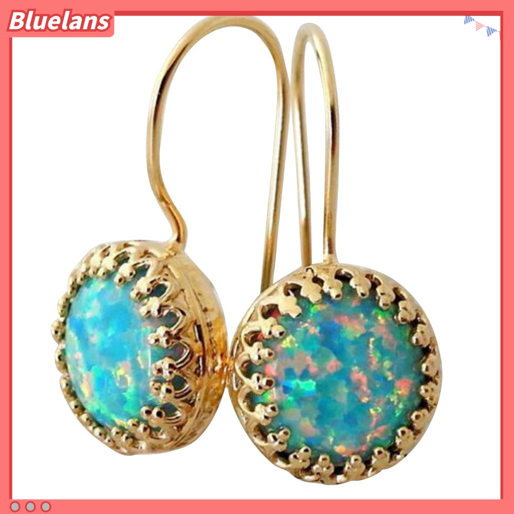 {In Stock} Vintage Wanita Multicolor Bulat Imitasi Opal Ukir Menjuntai Kait Anting Perhiasan