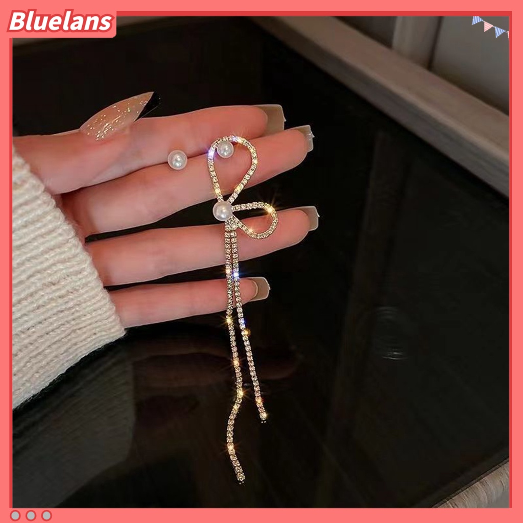 {In Stock} 1pasang Anting Rumbai Asimetri Busur Mutiara Imitasi Berlian Imitasi Bersinar Dekorasi Tahan Luntur Panjang Rumbai Menjuntai Anting Gantung Aksesoris Perhiasan