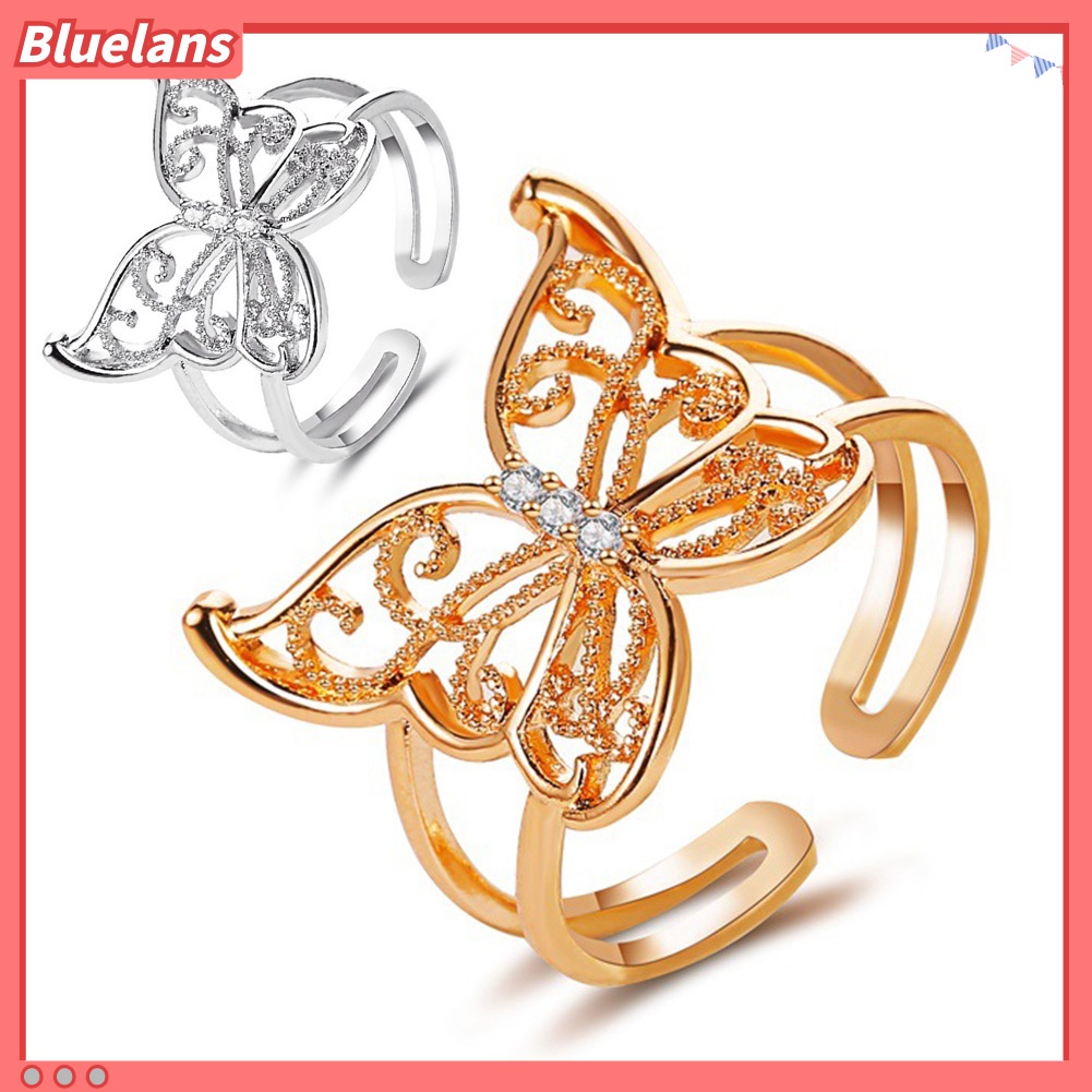 {In Stock} Fashion Wanita Berongga Kupu-Kupu Berlian Imitasi Pembukaan Lebar Jari Cincin Perhiasan Pesta