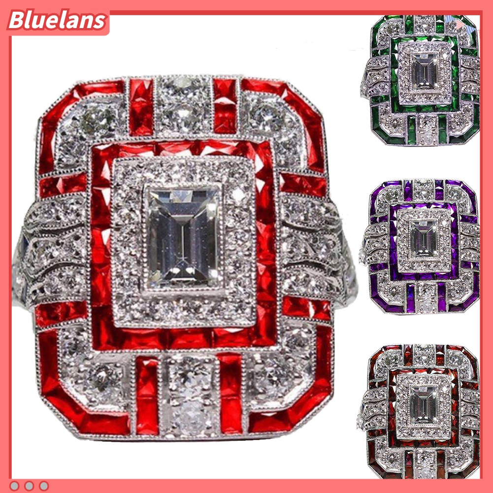 {In Stock} Pernikahan Pertunangan Wanita Retro Cubic Zirconia Bertatahkan Perhiasan Cincin Jari Persegi