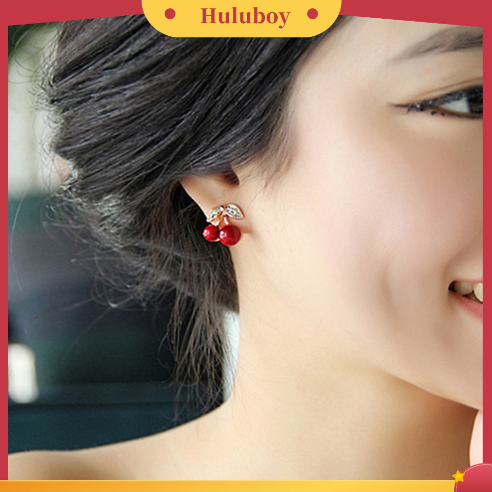 {Ready Stock} Wanita Merah Cherry Bening Berlian Imitasi Telinga Studs Beads Golden Alloy Leaves Earrings