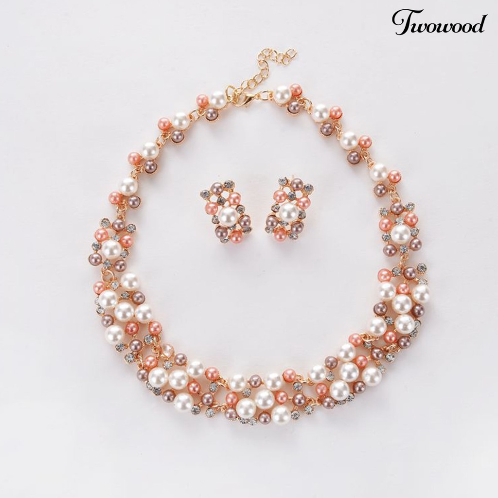 Twowood 2pcs/Set Perhiasan Pernikahan Set Mutiara Imitasi Multi Warna Royal Mewah Permukaan Halus Wanita Kalung Anting Set Perempuan Aksesori