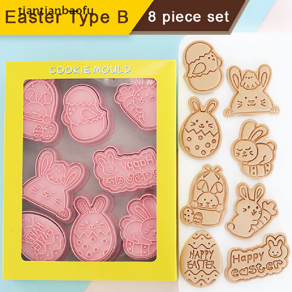 [tiantianbaofu] 8pcs/set Paskah Cookie Cutter Kelinci Pemotong Telur DIY 3D Cetakan Kue Plastik Butik