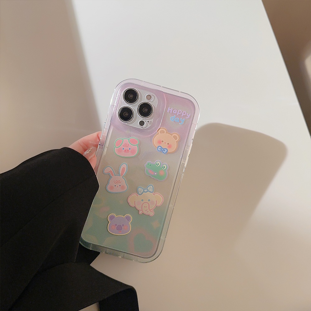 IPHONE Cute Pig Rabbit Frog Bear Dengan Gradasi Warna Casing Transparan Untuk Iphone14 11 12 13 PRO MAX Casing Cover Pelindung AT0141