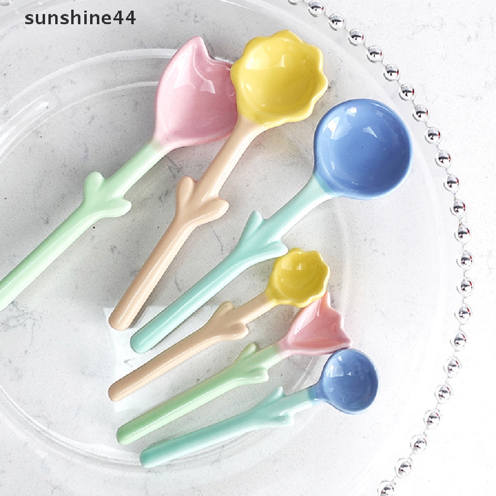 Sunshine 1Pc Sendok Keramik Bentuk Tulip 3D Bunga Sendok Kopi Sarapan Dessert Spoon ID