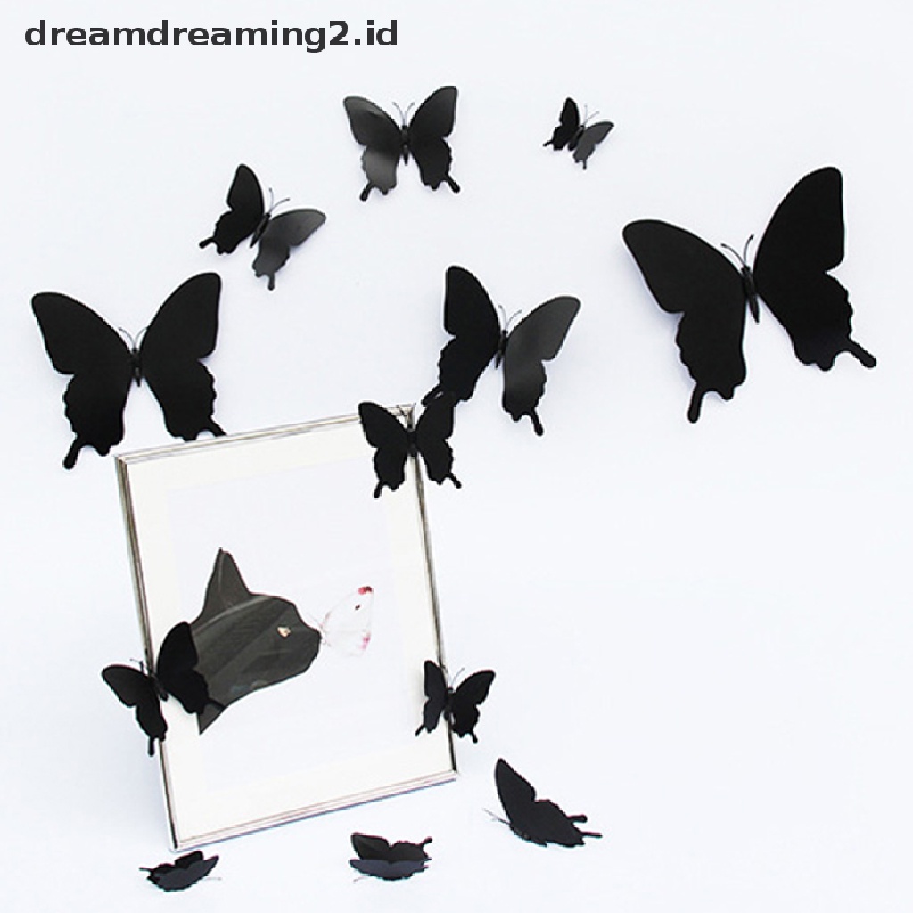 (hot) 12pcs/set 3D Hitam Pteris Butterfly Stiker Dinding Kupu Kupu Magnet ers//