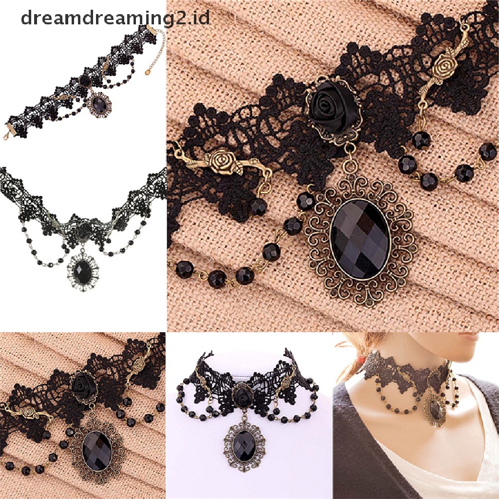 (hot) Fashion Lolita Gothic Hitam Bunga Mawar Renda Choker Kerah Kalung Beads Chain//