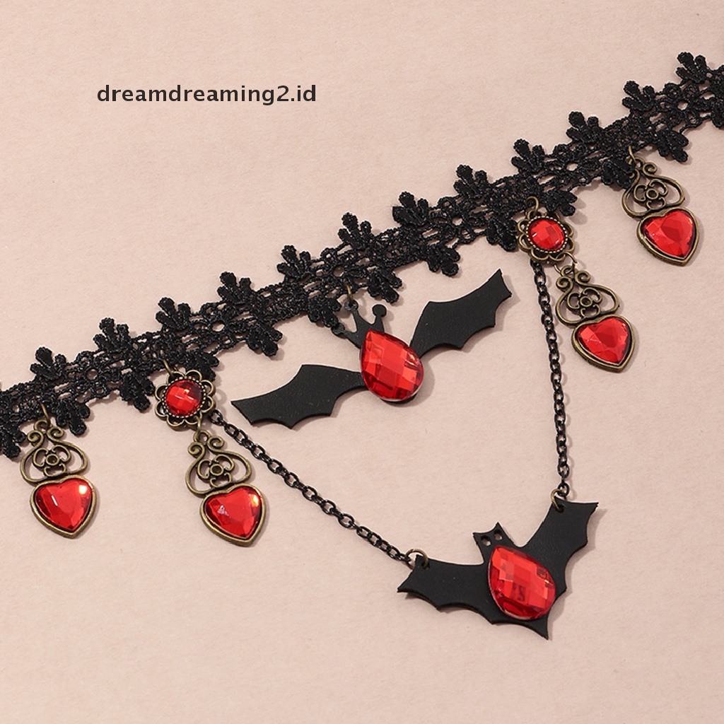 (hot) Perhiasan Gotik Kelelawar Merah Halloween Kalung Renda Choker Kalung Malam Buruk Berlapis//