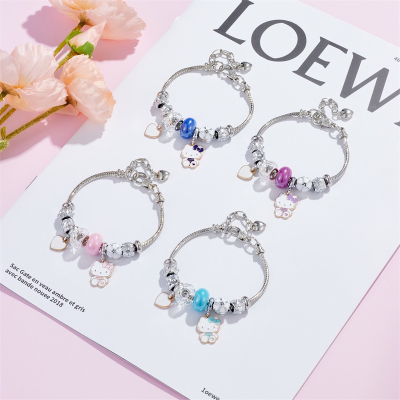 XiaoboACC Stainless Steel Rantai Ular Kartun Anime Hello Kitty Liontin Terbuka Adjustable DIY Charm Gelang