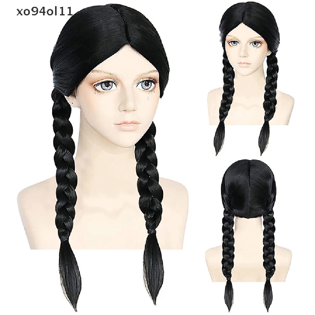 Xo 1Pc Rabu Addams Cosplay Rambut Hitam Double Ponytail Twist Kepang Prop Rambut OL