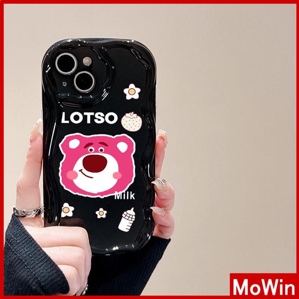 For iPhone 14 Pro Max iPhone Case 3D Curved Edge Wave Glossy Black TPU Airbag Shockproof Camera Cover Strawberry And Bear Compatible with iPhone 13 Pro max 12 Pro Max 11 xr xs