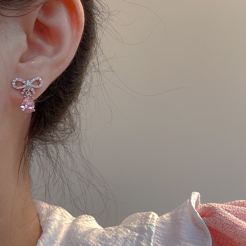Anting Stud S925 Silver Needle Bentuk Hati Pita Bahan Zirkon Warna Pink Untuk Wanita