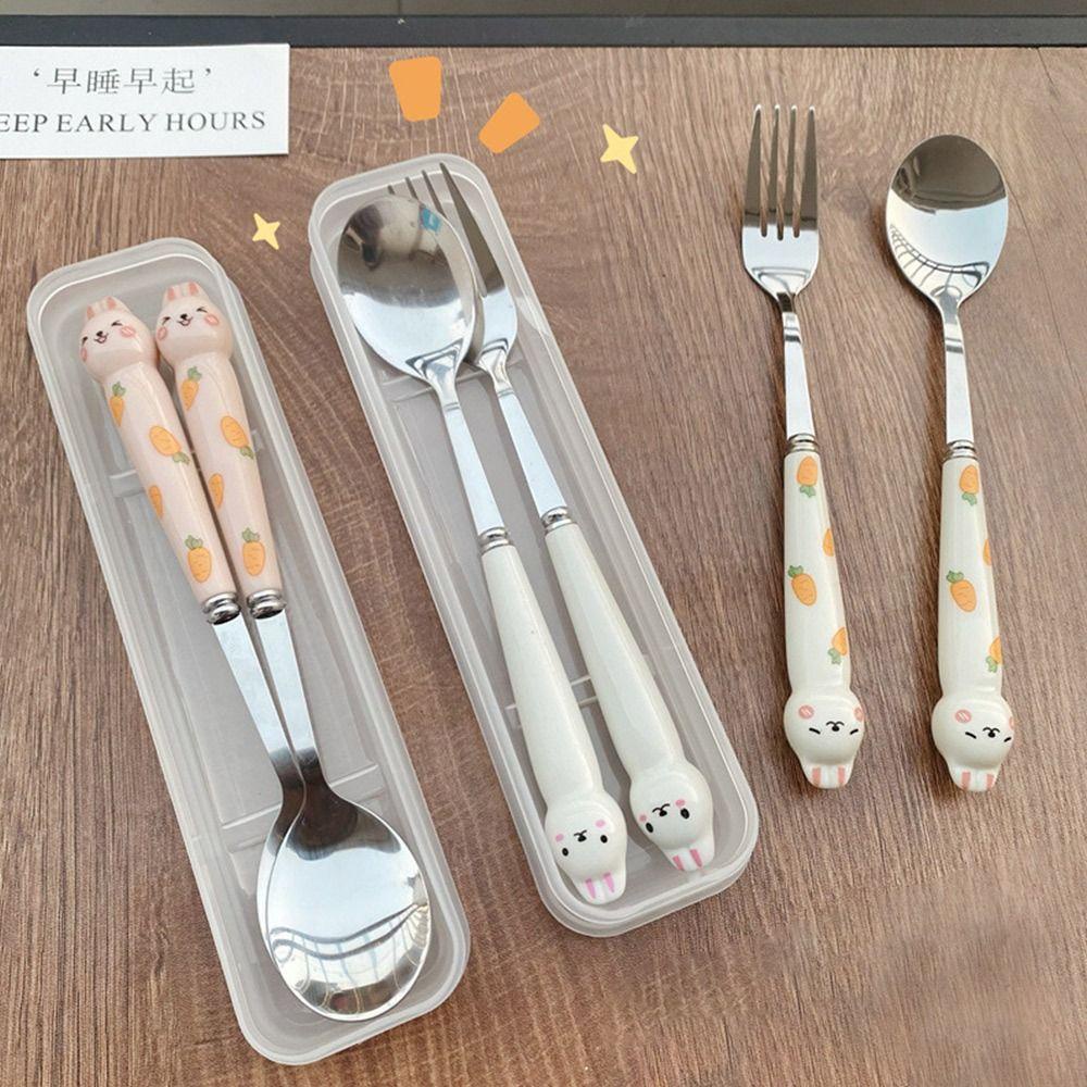 Chookyy Set Alat Makan Portable Kelinci Dengan Kotak Penyimpanan Stainless Steel Sumpit Garpu Sendok Peralatan Makan