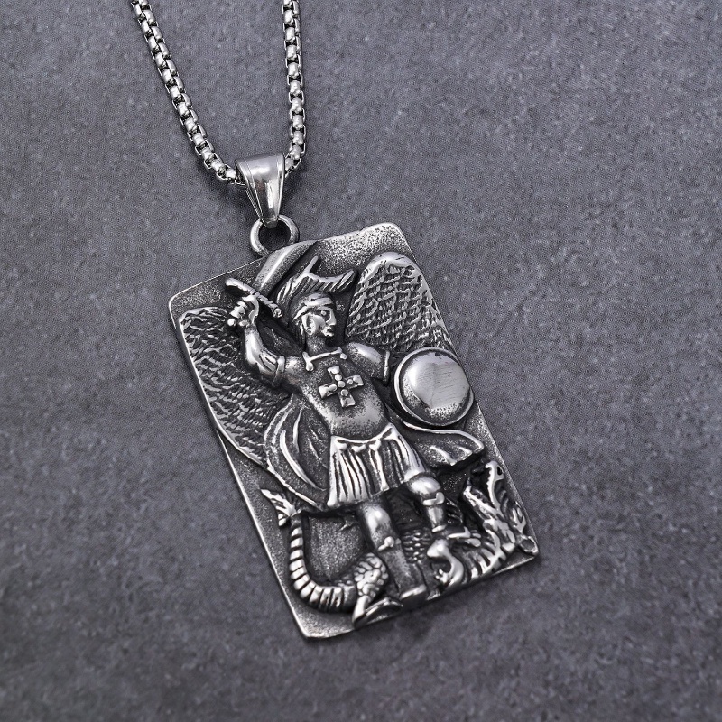 [X C Kalung] Baru Silvery Retro Angel Knight Dragon Slaying Pendant Punk Hip Hop Stainless Steel Kalung Hadiah Pesta Ulang Tahun Untuk Pria Dan Wanita