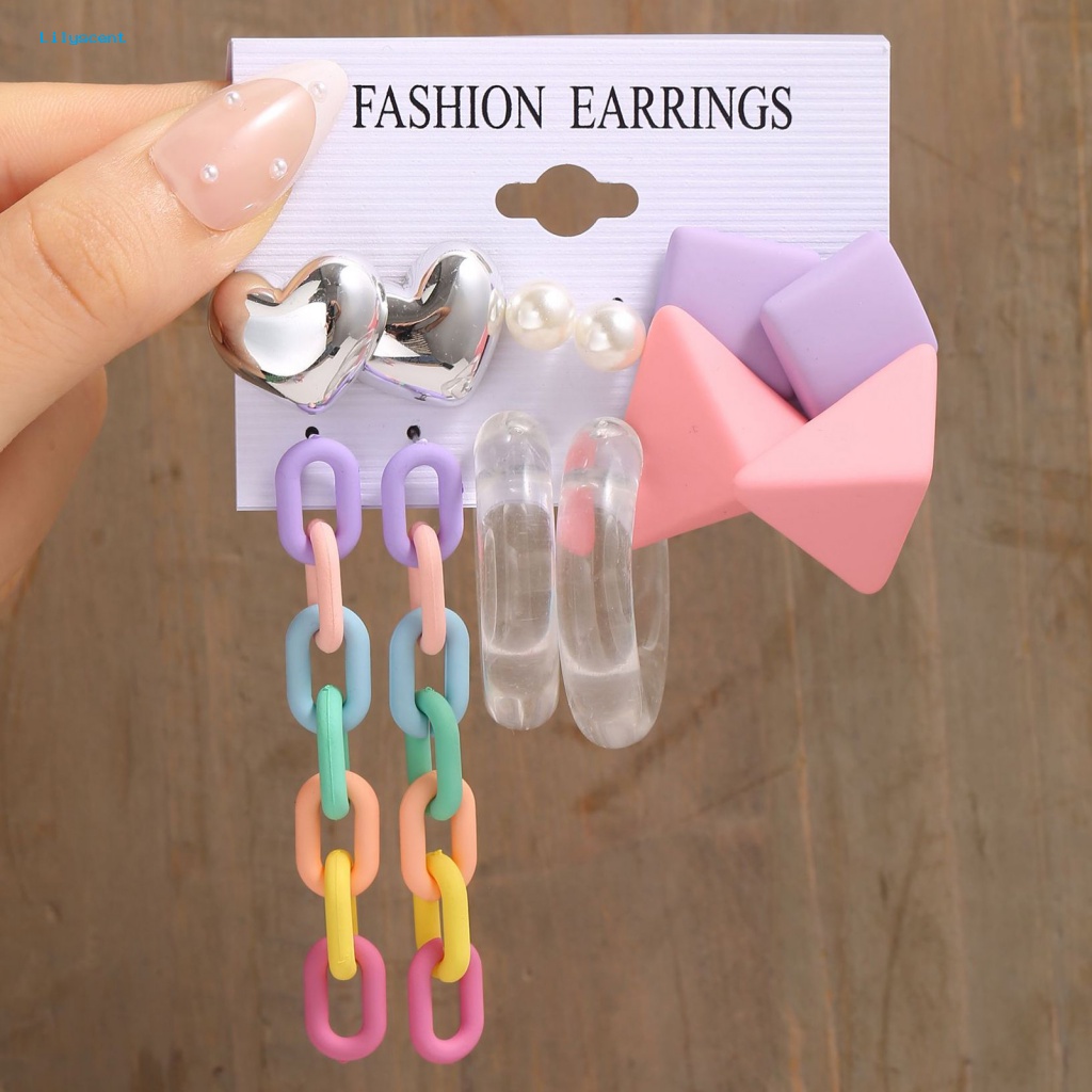 Lilyscent 4per6pasang Warna Vibrant Menjuntai Anting Perhiasan Aksesoris Kreatif Wanita Minimalis Stud Earrings Permukaan Halus