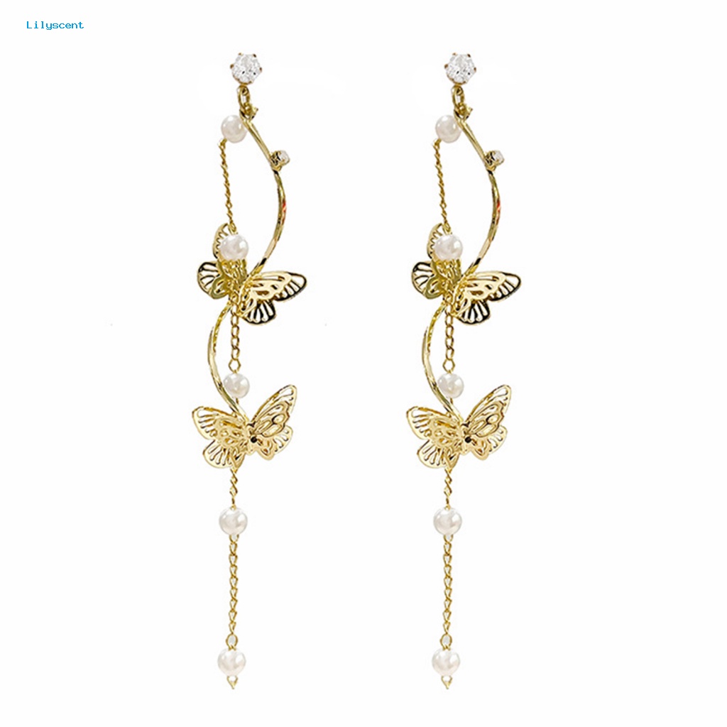 Lilyscent 1pasang Anting Menjuntai Anti Karat Untuk Perjamuan Mutiara Imitasi Kupu-Kupu Stud Earrings Perhiasan Aksesoris Geometris