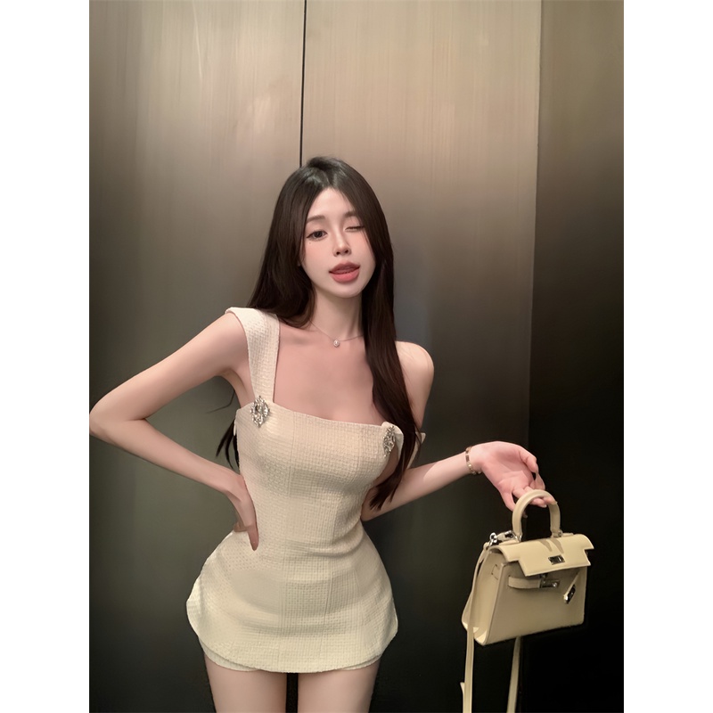 ◎ஐSuhao kecil harum angin berlian tombol rompi kecil suspender wanita musim panas Perancis sesuai dengan ikatan simpul berlian imitasi pakaian luar pendek crop top sexy tank top wanita motif