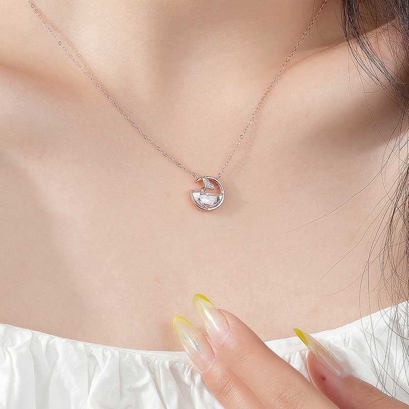 Ekor Mermaid Rantai Klavikula Berlian Kristal Rose Gold Perak Baja Titanium Wanita Fashion Perhiasan Liontin Kalung