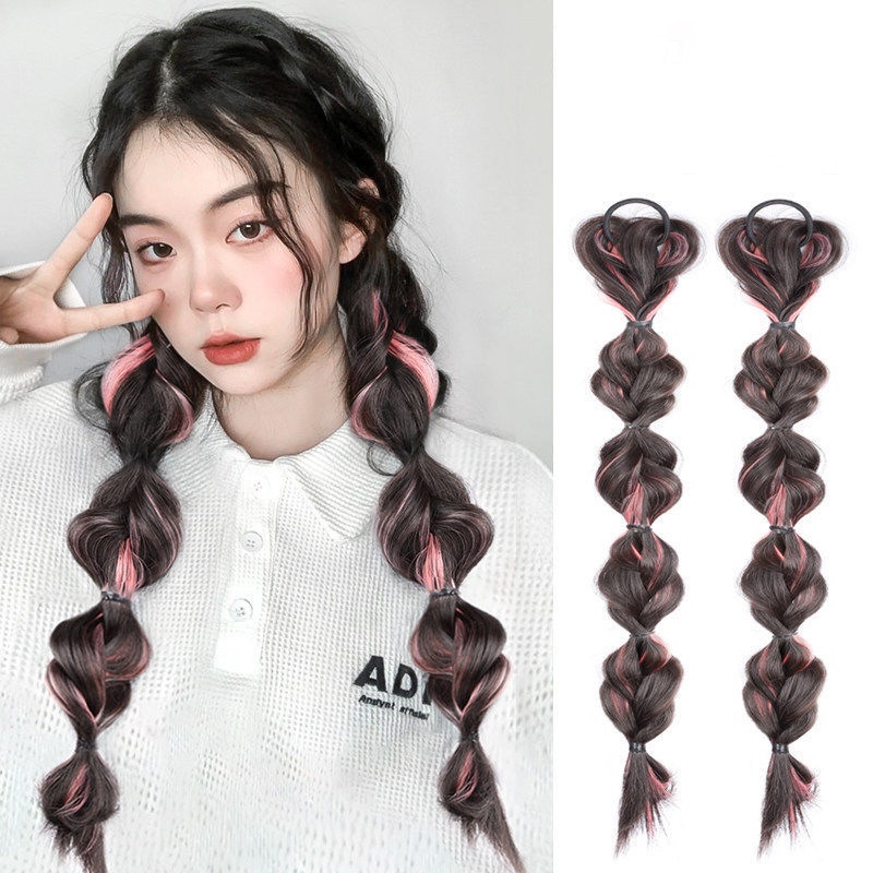 Kepang Tinju Kotak Kepang Gelembung Highlight Kepang Lentera Twist Double Ponytail Bertali Wi