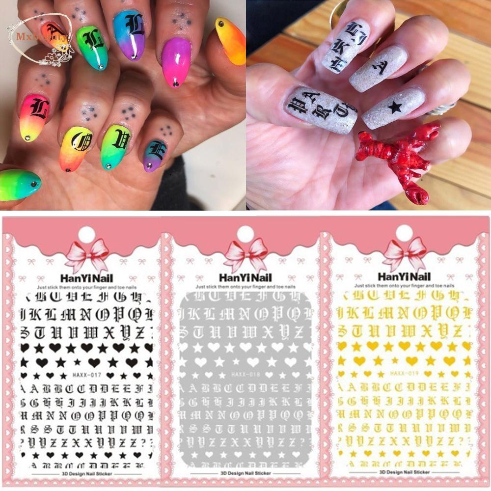 MXBEAUTY Cool Nail Stickers Gold Gothic Alphabet Decals Letter 3D Nail Art DIY Nail Decoration White Black Character Nail Glue Sticker Manicure Tools Self Adhesive Nail Foils/Multicolor