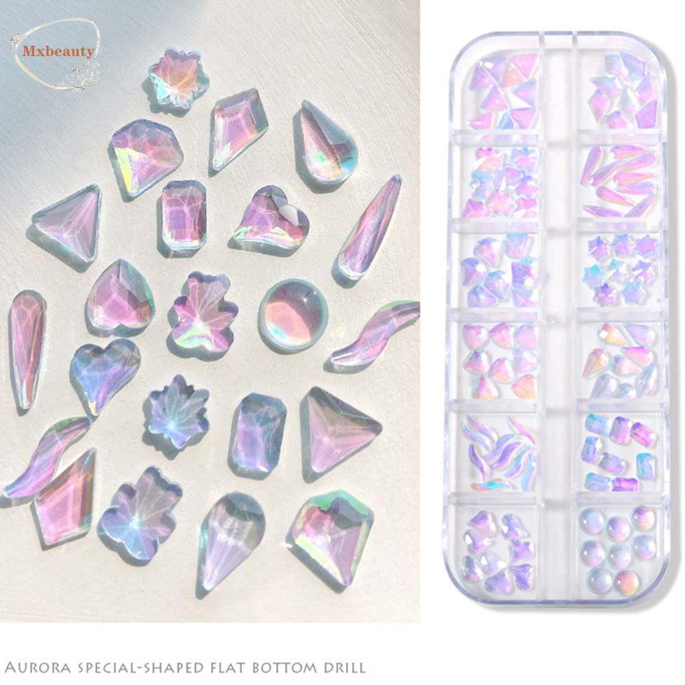 Mxbeauty Perhiasan Kuku Kristal 12kisi Fashion Hati Gaya Jepang Bulat Bentuk Tidak Teratur Aurora Aksesoris Kuku