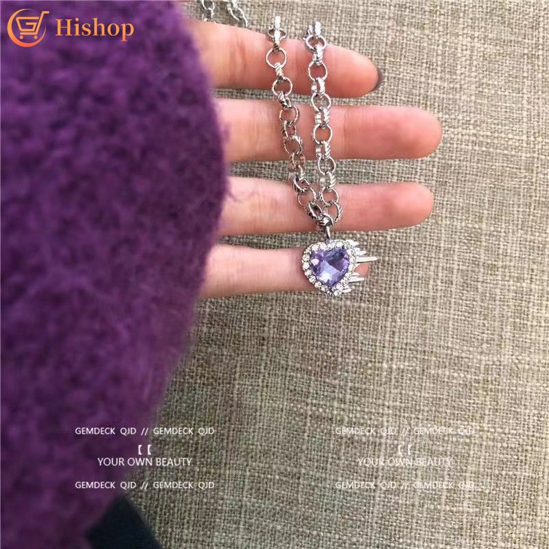 Fashion Kalung Liontin Hati Zirkon Ungu Kristal Rantai Perak Choker Untuk Aksesoris Perhiasan Wanita