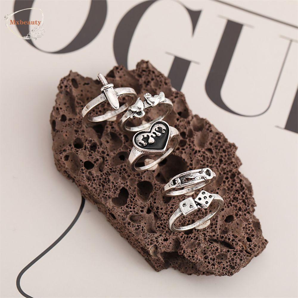 MXBEAUTY Hollow Love Heart Ring Set Trendy Women Finger Ring Korean Style Ring Elegant Male Personality Geometric Retro Adjustable Fashion Jewelry