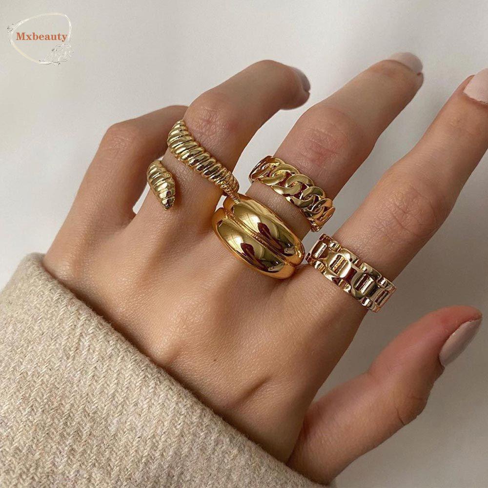 Mxbeauty Wanita Pembukaan Cincin Trendi 4Pcs/set Untuk Gadis Kepribadian Tidak Teratur Rantai Temperamen